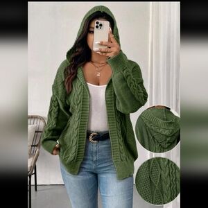 Green Cable Knit Hooded Cardigan